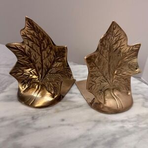 VTG Solid Brass Maple Leaf Bookends‎ Gold Decor 15oz each Set of 2 library boho